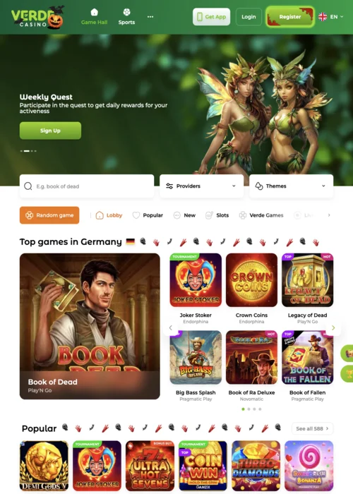 Pagina principale di Verde Casino con croupier dal vivo e giochi da tavolo premium
