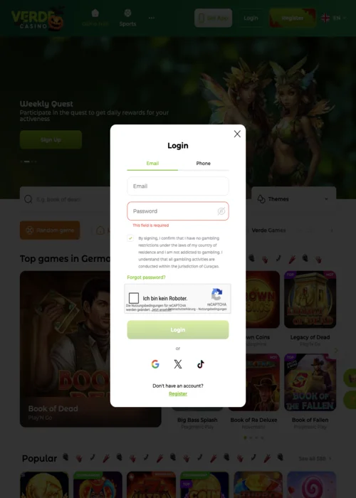 Pagina di accesso di Verde Casino per un accesso sicuro al tuo account