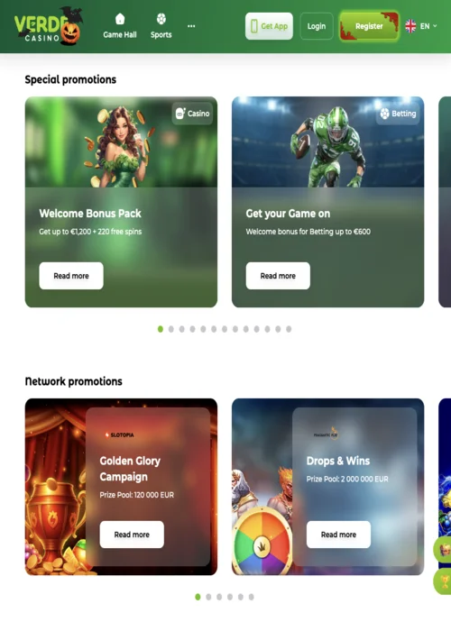 Pagina bonus di Verde Casino con bonus di benvenuto e promozioni giornaliere