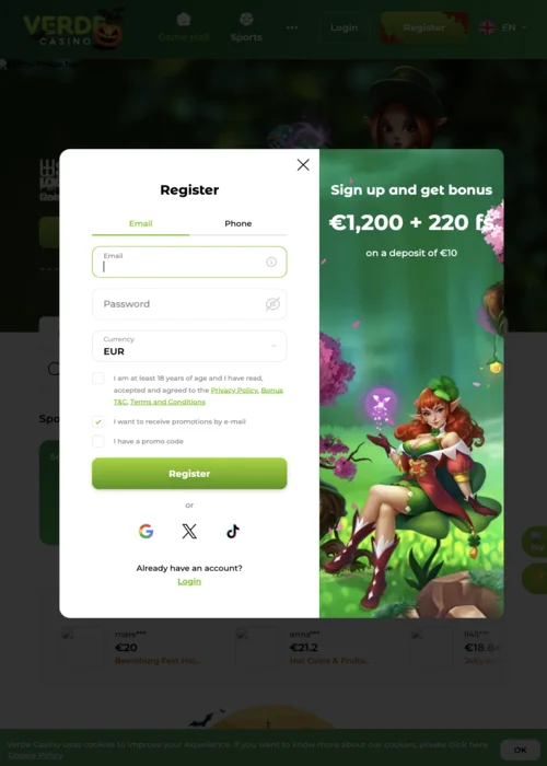 Pagina di registrazione di Verde Casino per creare un account gratuito